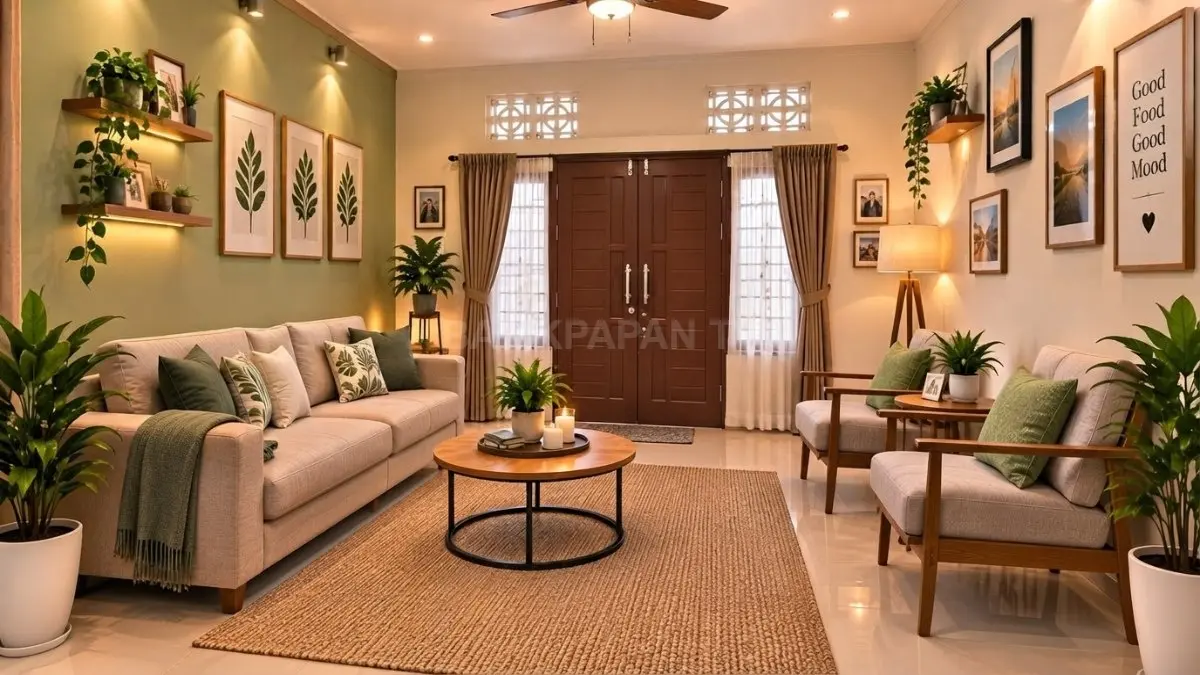 Ruang tamu direnovasi menjadi area santai modern dengan sofa beige, karpet natural, kayu, tanaman, dan pencahayaan hangat.