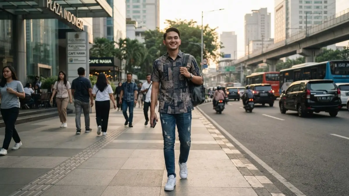 Anak muda memadukan kemeja batik, jeans, dan sneakers untuk menciptakan gaya kasual modern yang stylish. (BTV/AI)