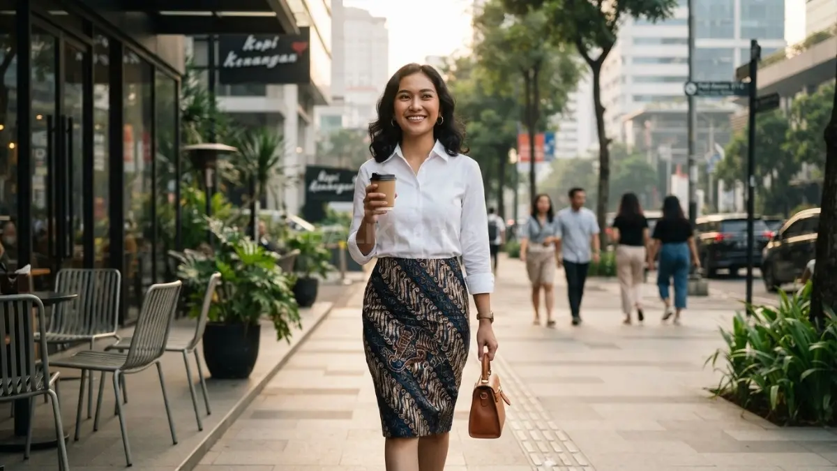 Atasan polos membantu motif batik tetap menjadi fokus utama, menciptakan tampilan modern, simpel, dan harmonis. (BTV/AI)
