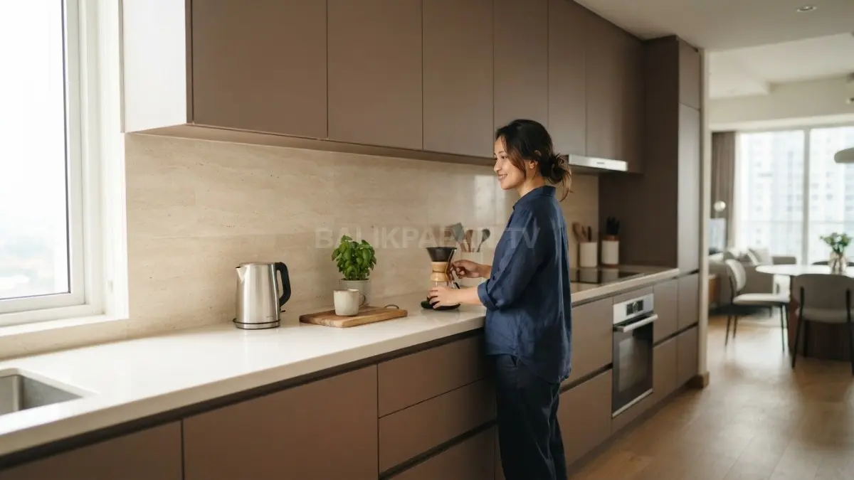 Backsplash terang dengan warna cream dan beige muda membantu dapur Mocha Mousse tetap lapang, hangat, serta minimalis. (BTV/AI)