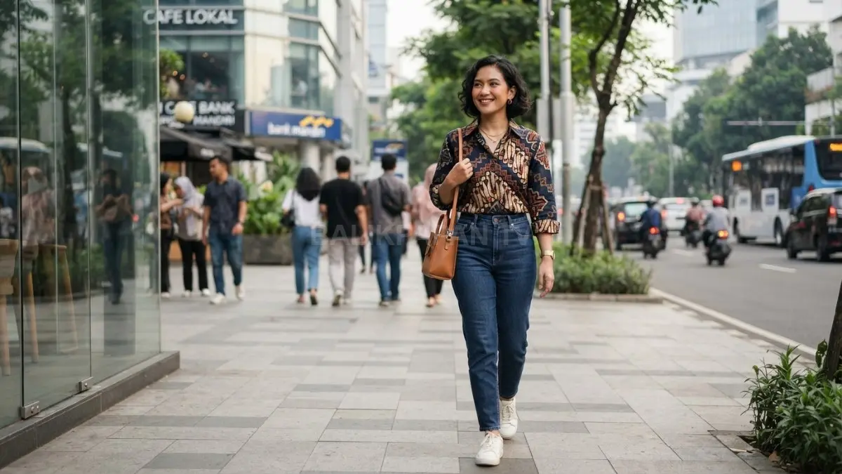 Batik sebagai statement utama membuat outfit modern, simpel, seimbang, dan tetap stylish tanpa terlihat berlebihan. (BTV/AI)
