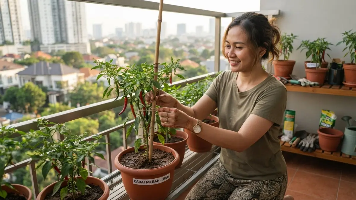 Cabai dalam pot perlu penyangga saat tumbuh tinggi, media tetap lembap, dan buah dipanen bertahap sesuai kebutuhan dapur. (BTV/AI)
