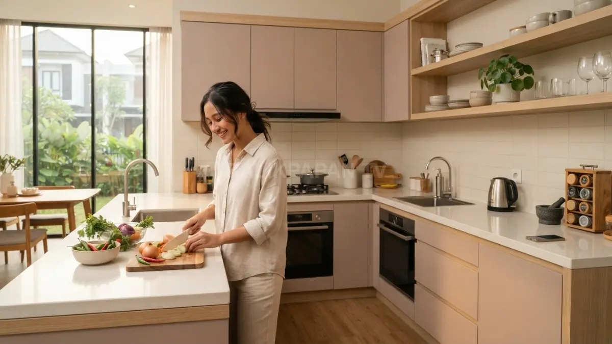 Dapur minimalis Mocha Mousse menghadirkan kabinet cokelat, aksen kayu, countertop terang, dan pencahayaan hangat (BTV/AI).