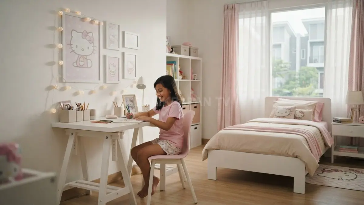 Dekorasi kamar Hello Kitty bernuansa pink pastel menghadirkan ruang manis, fleksibel, nyaman, dan mudah diperbarui (BTV/AI)