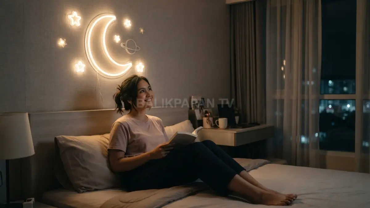 Dekorasi LED neon berbentuk bulan, hati, bintang, petir, dan planet menghadirkan suasana kamar lebih estetik, hangat, dan personal. (BTV/AI)