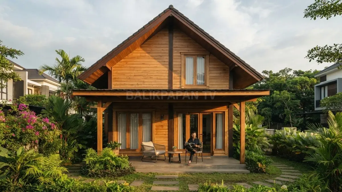 Fasad rumah bergaya Rusia memadukan kayu natural, atap pelana, teras, dan bukaan modern menghadap taman. (BTV/AI)