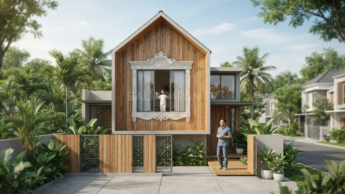 Fasad rumah bergaya Rusia menampilkan jendela berukiran, kayu natural, dan ornamen dekoratif khas izba tradisional (BTV/AI)