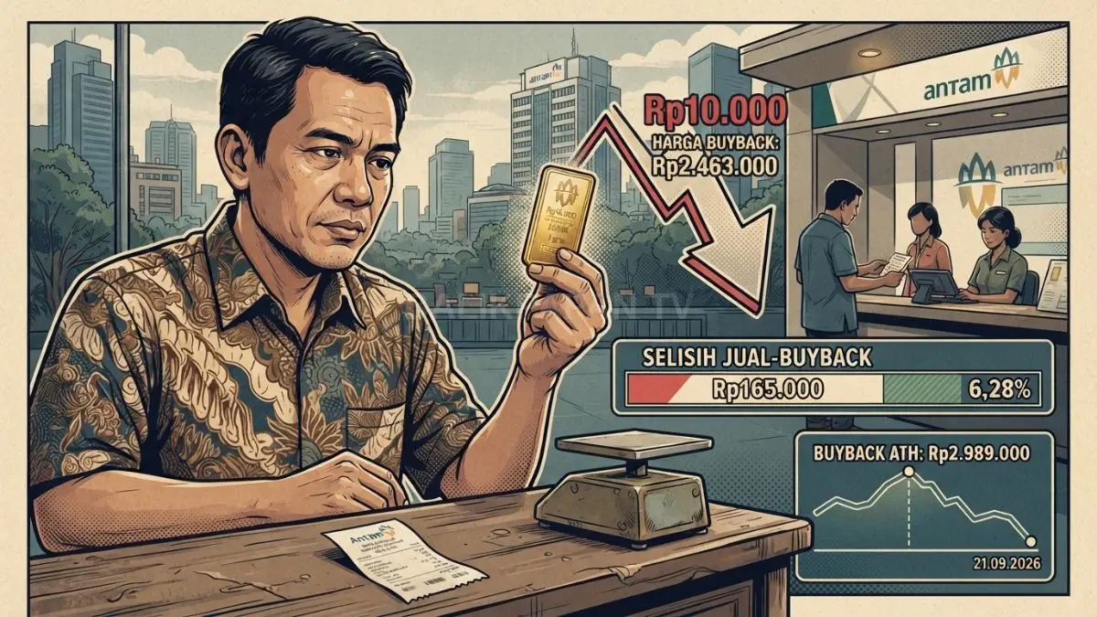 Harga buyback Antam turun, sementara spread jual dan buyback mencapai Rp165.000 per gram hari ini [BTV:AI]
