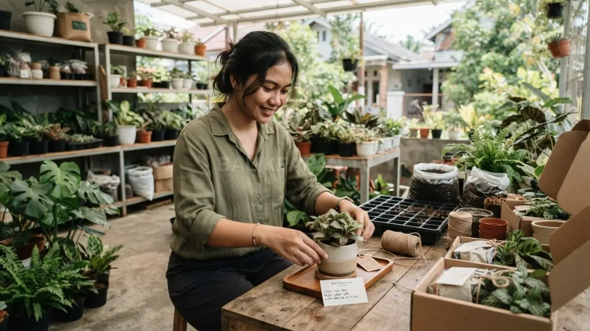 Hobi menanam dikembangkan menjadi produk dekoratif bernilai jual, dari starter kit hingga terrarium sederhana untuk pembeli. (BTV/AI)