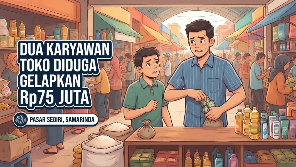 Ilustrasi dua karyawan toko diduga menggelapkan uang Rp75 juta secara bertahap di Pasar Segiri Samarinda. (BTV/AI)