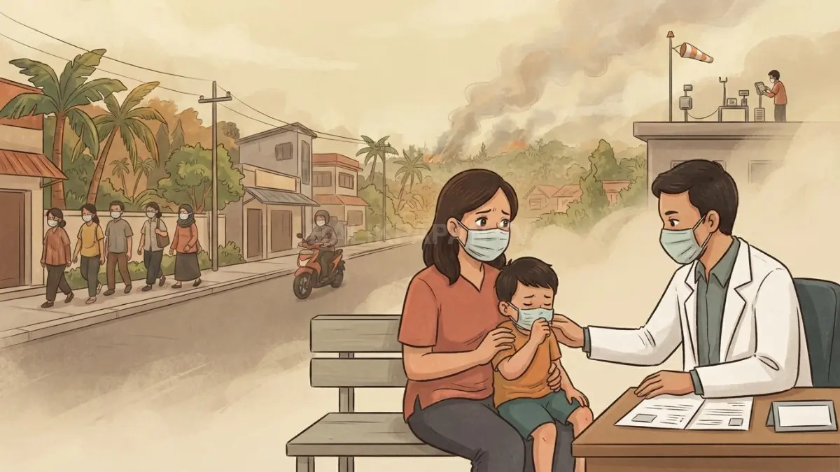 Ilustrasi warga mengenakan masker saat kualitas udara memburuk akibat kemarau dan karhutla di Penajam Paser Utara. (BTV/AI)