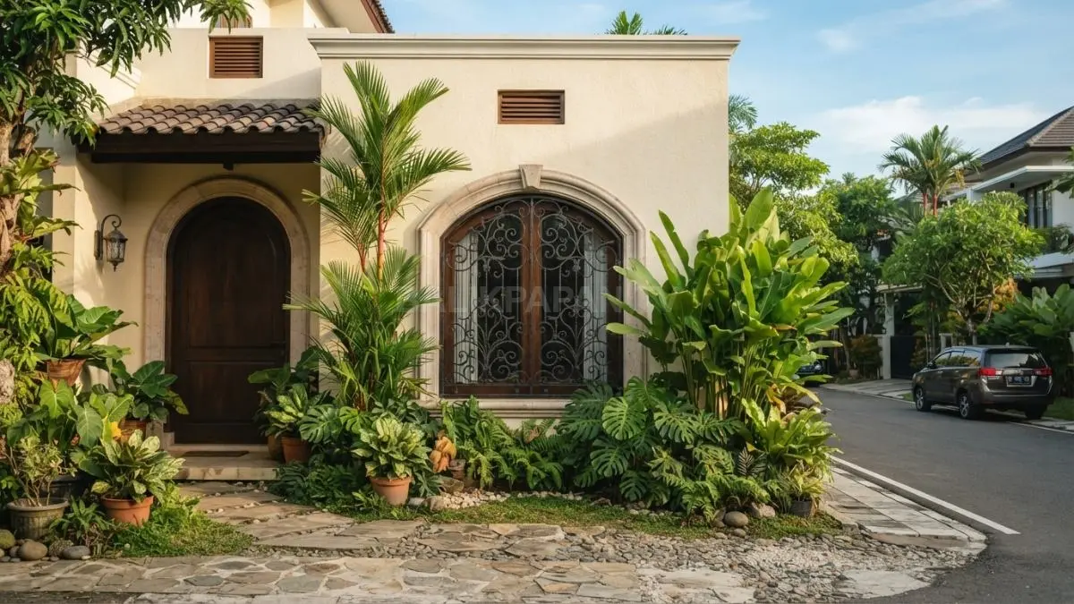Jendela ruang tamu bergaya Spanish Courtyard memadukan dinding krem, kusen kayu, kisi besi, dan tanaman tropis.