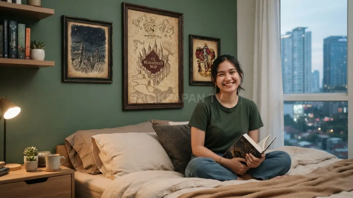 Kamar bertema Harry Potter makin berkarakter dengan poster vintage, ilustrasi kastel, peta tua, dan artwork dunia sihir. (BTV/AI)