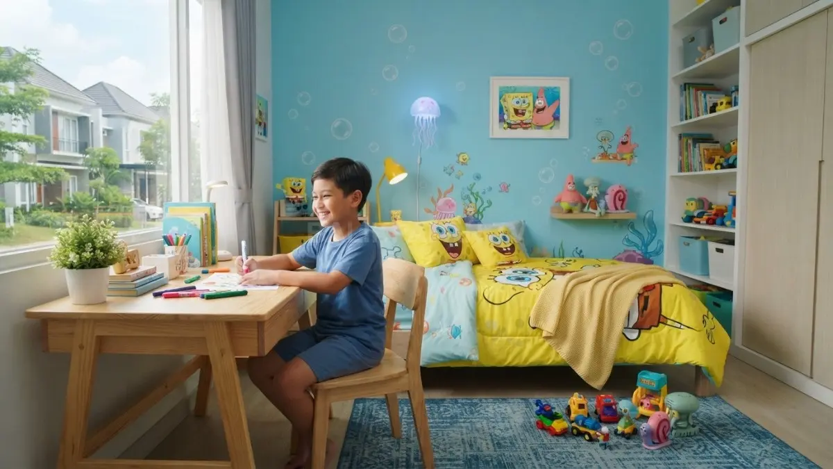 Kamar bertema SpongeBob memadukan warna biru laut, kuning ceria, dekorasi ikan, dan area belajar fungsional untuk anak. (BTV/AI)