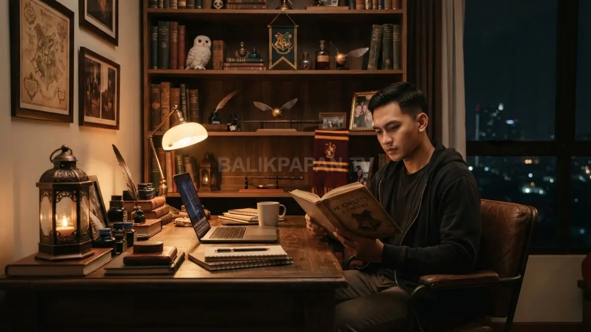 Kamar Harry Potter menghadirkan rak buku kayu, lampu hangat, dekorasi vintage, serta aksen Hogwarts (BTV/AI).