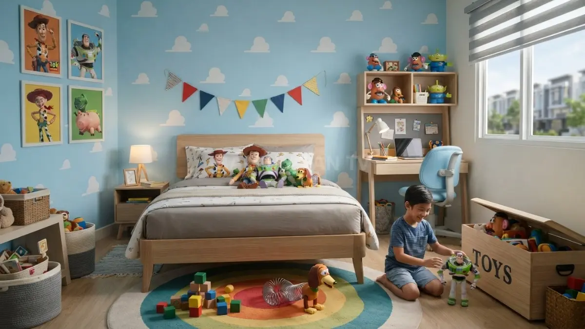 Kamar Toy Story ceria dengan aksen warna karakter, area bermain, tempat tidur nyaman, dan penyimpanan praktis. (BTV/AI)