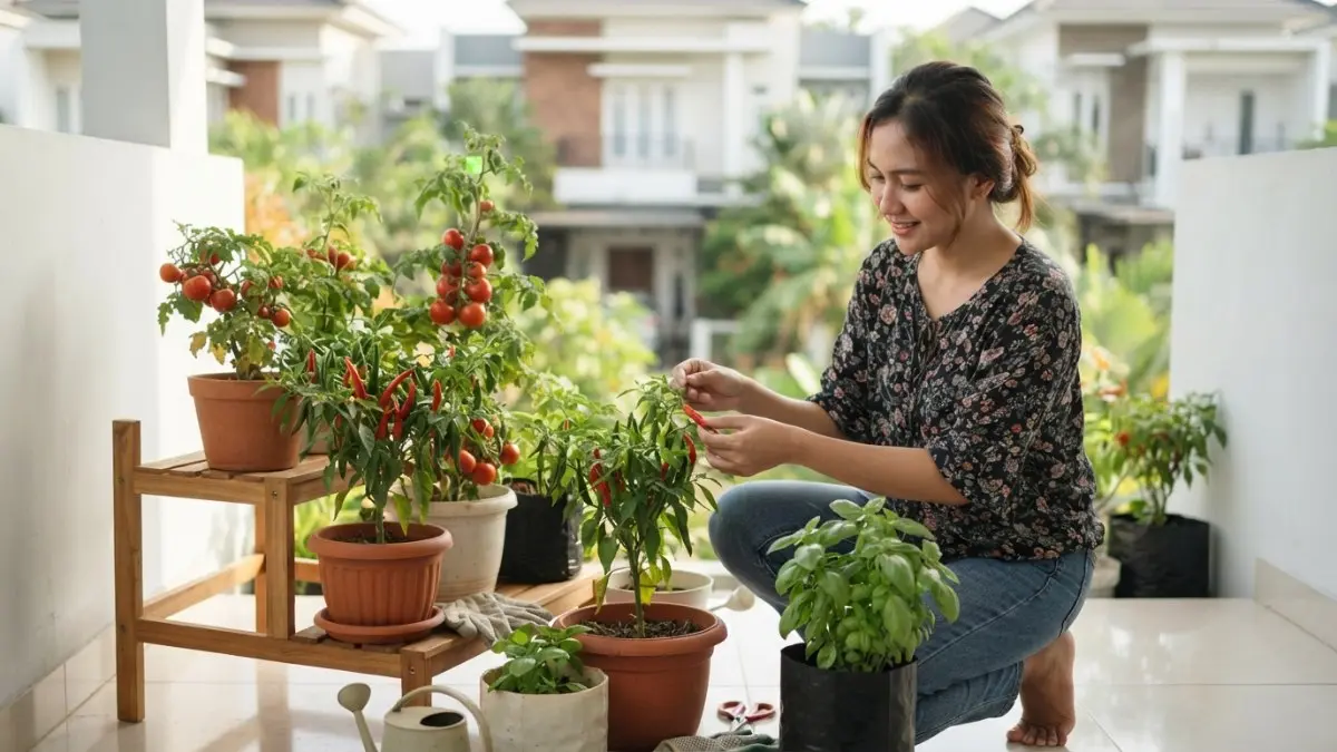 Kebun sambal mini berisi cabai, tomat, dan kemangi bisa dibuat di sudut rumah untuk melengkapi kebutuhan dapur. (BTV/AI)