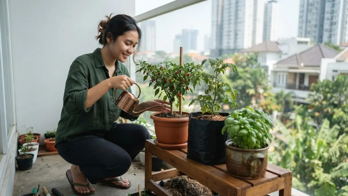 Kebun sambal mini bisa dimulai dari tiga pot berisi cabai, tomat, dan kemangi agar perawatannya tetap ringan. (BTV/AI)