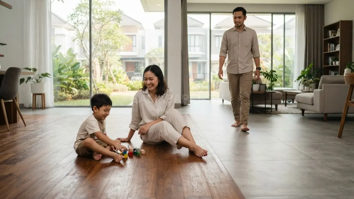 Lantai rumah menentukan sensasi pijakan, suhu, suara, perawatan, serta karakter suasana ruang yang dirasakan penghuni setiap hari. (BTV/AI)