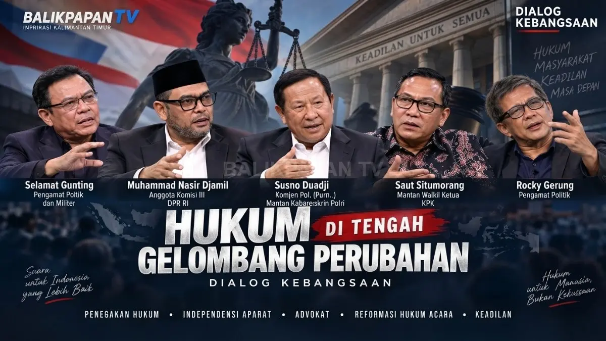 Lima narasumber Dialog Kebangsaan membahas penegakan hukum, independensi aparat, perlindungan advokat, reformasi hukum acara, dan keadilan.