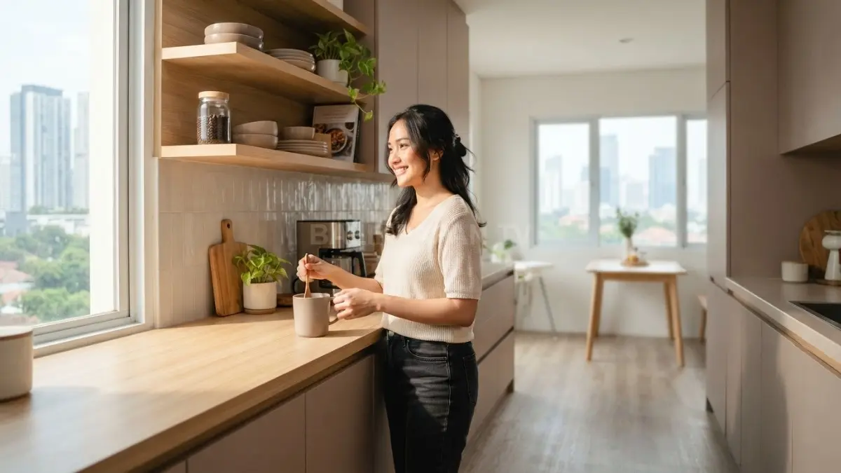 Mocha Mousse dan kayu terang menciptakan dapur minimalis yang hangat, natural, seimbang, dan nyaman. (BTV/AI)