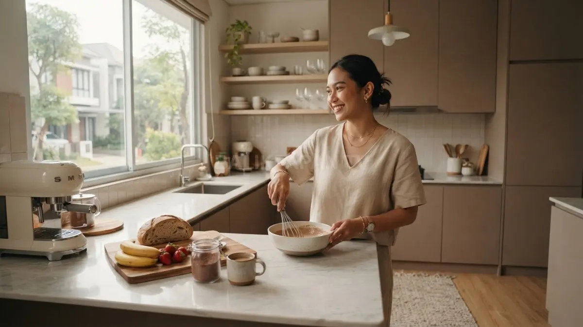 Mocha Mousse membuat dapur minimalis terasa hangat, nyaman, earthy, dan tetap sederhana tanpa banyak dekorasi. (BTV/AI)