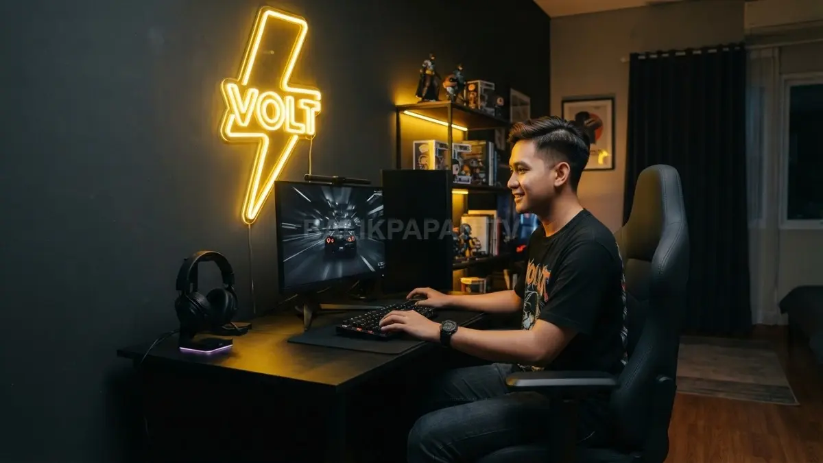 Neon berbentuk petir menjadi aksen kamar modern, menghadirkan kesan energik, berani, dan futuristik. (BTV/AI)
