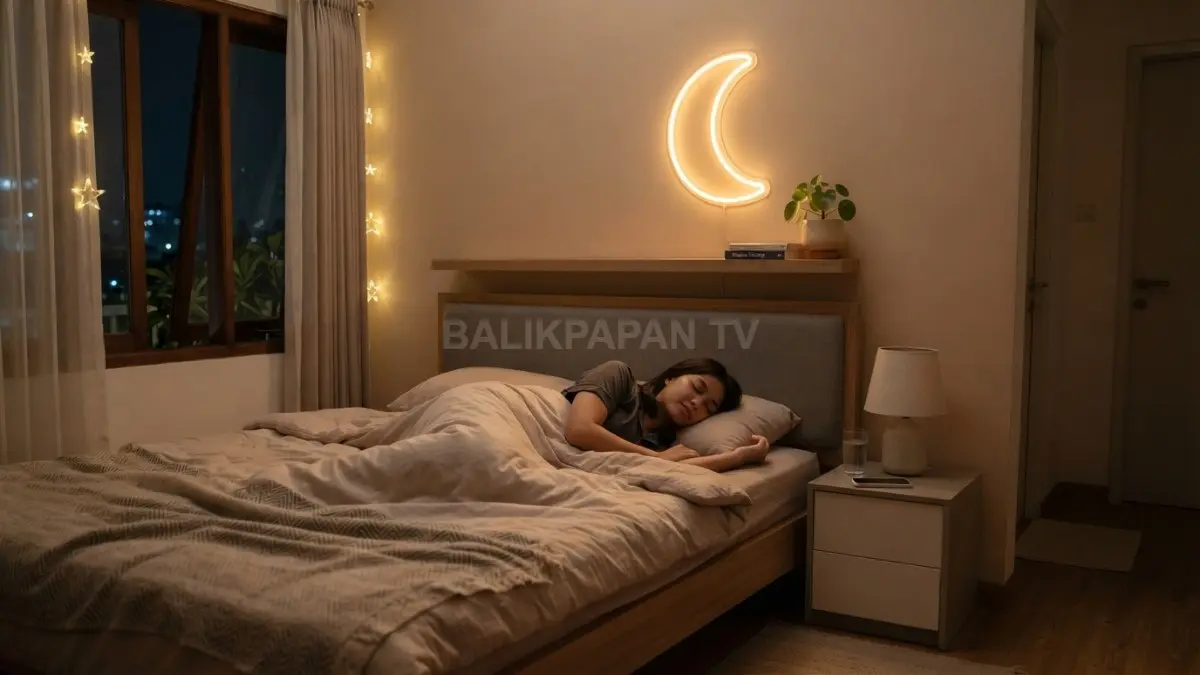 Neon bulan sabit bercahaya lembut menjadi aksen kamar minimalis yang tenang, hangat, dan elegan (BTV/AI)