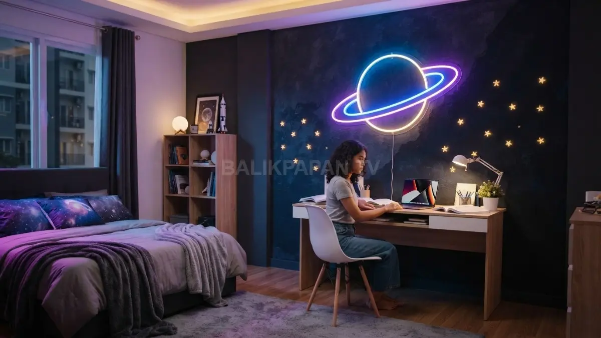 Neon planet bercincin menjadi focal point kamar galaksi, dilengkapi bintang kecil dan pencahayaan berlapis (BTV/AI)