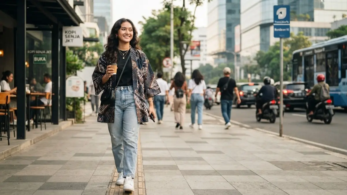 Outer batik longgar dipadukan kaus polos dan denim menciptakan gaya Gen Z santai, fleksibel, modern. (BTV/AI)