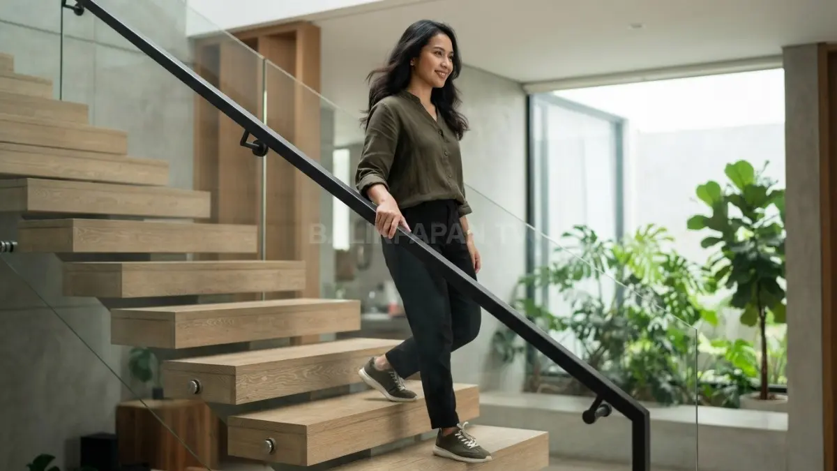 Pegangan tangan tangga penting untuk menjaga keseimbangan, sekaligus mendukung keamanan, kenyamanan, dan karakter desain interior rumah. (BTV/AI)