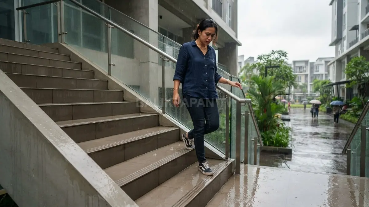 Permukaan licin pada tangga dapat meningkatkan risiko terpeleset saat basah sehingga material antiselip penting dipertimbangkan (BTV/AI)