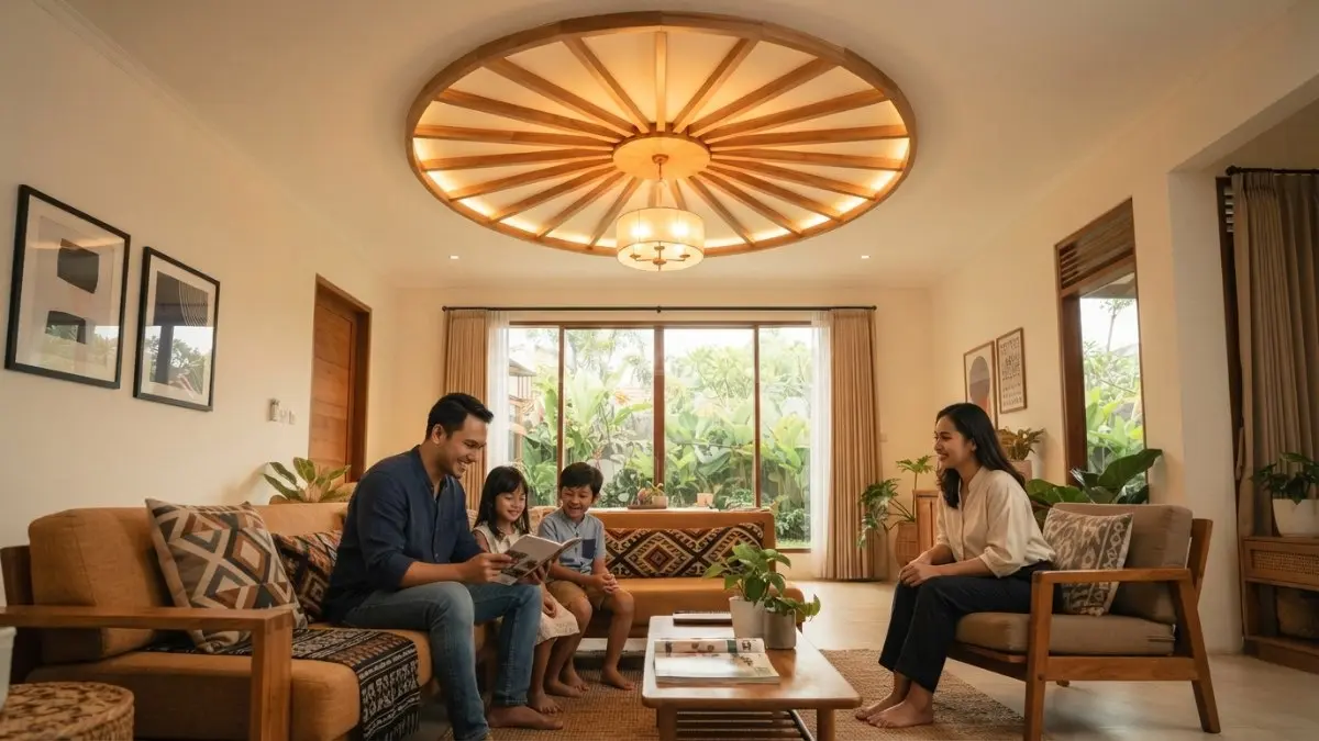 Plafon radial terinspirasi shanyrak menghadirkan nuansa Kazakhstan melalui pola kayu geometris di ruang keluarga modern (BTV/AI)