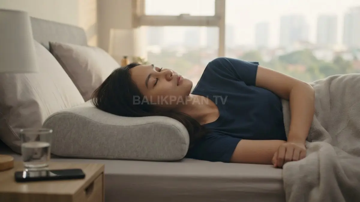 Posisi bantal yang tepat membantu menjaga leher nyaman dan mengurangi tekanan wajah saat tidur sepanjang malam. (BTV/AI)