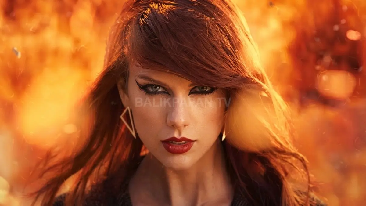 Potret pemusik Taylor Swift dengan gaya riasan tajam berlatar belakang Nuansa keemasan yang hangat. (BTV/Ai)