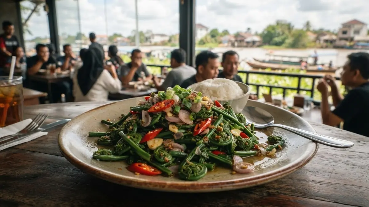 Pucuk paku muda ditumis bersama bawang dan cabai, menghadirkan sayuran hijau renyah khas tepian sungai Kalimantan. (BTV/AI)