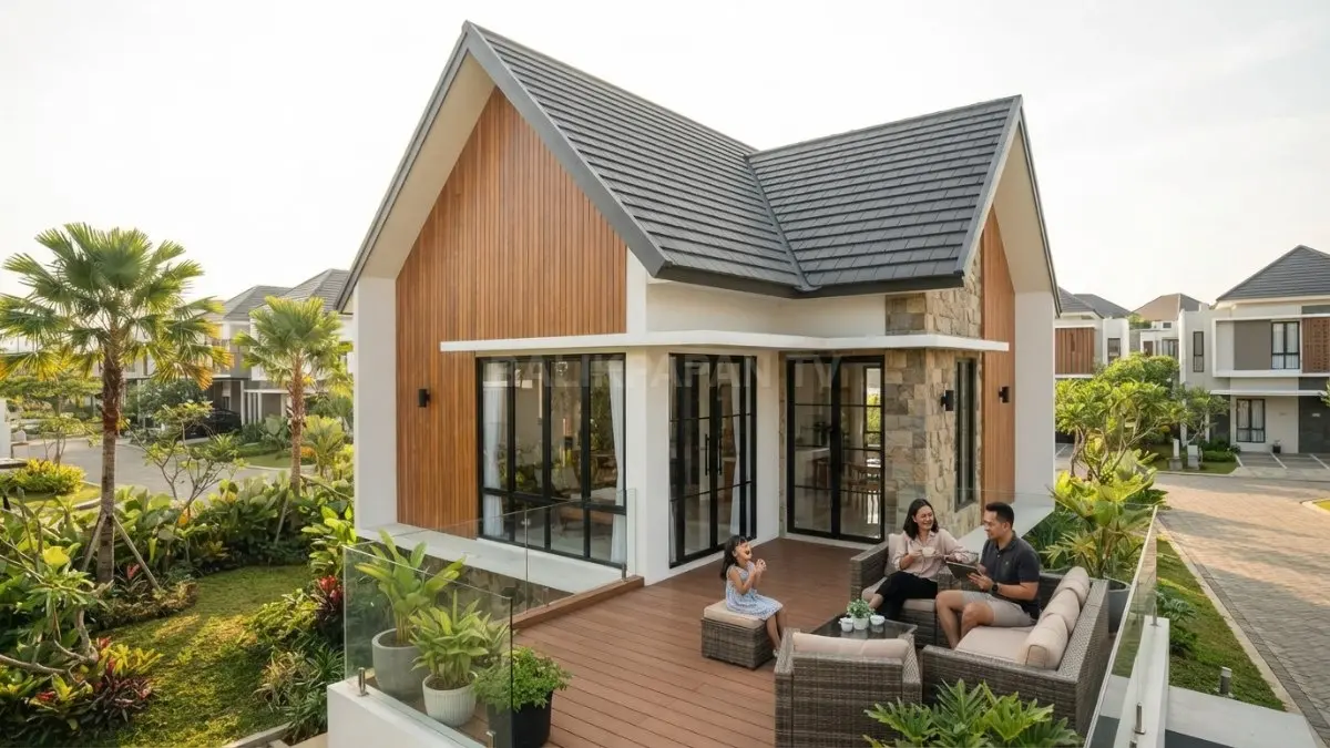 Rumah bergaya Polandia menonjolkan atap pelana, fasad modern, material alami, dan teras yang hangat. (BTV/AI)