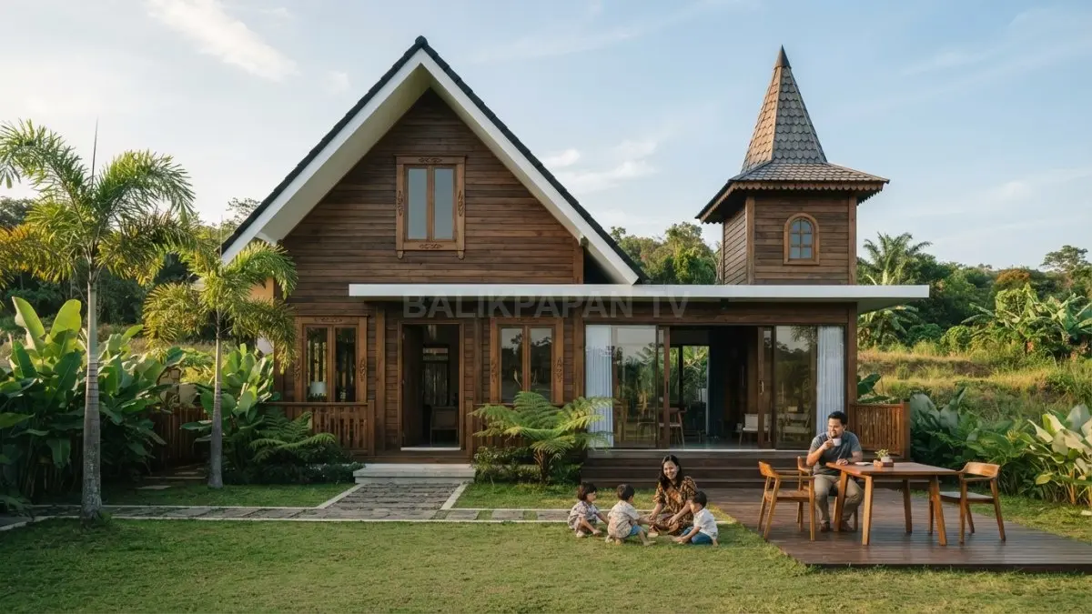 Rumah bergaya terem menampilkan menara kecil, atap runcing, kayu natural, dan jendela dekoratif modern. (BTV/AI)