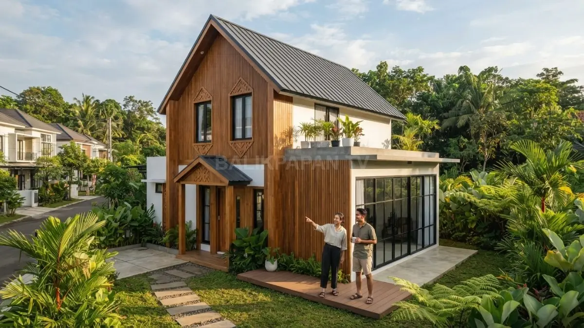 Rumah kayu bergaya izba memadukan fasad natural, atap pelana, jendela besar, dan sentuhan modern untuk hunian tropis (BTV/AI)