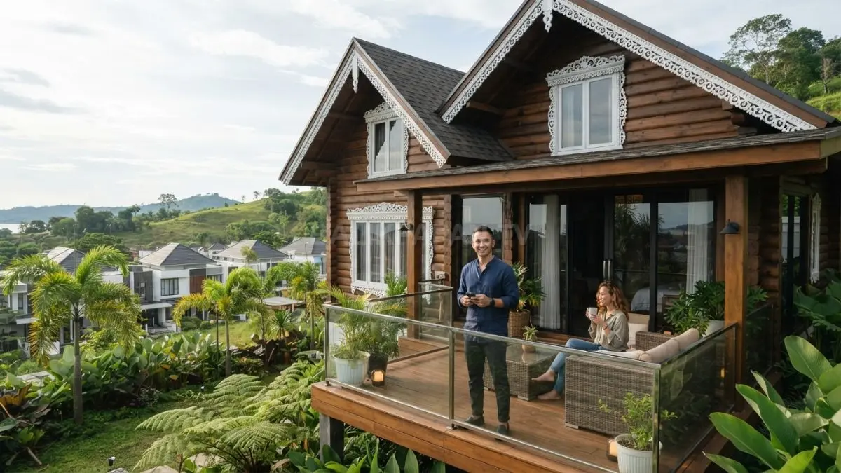 Rumah kayu bergaya izba memadukan material natural, atap pelana, jendela berornamen, dan sentuhan modern (BTV/AI)