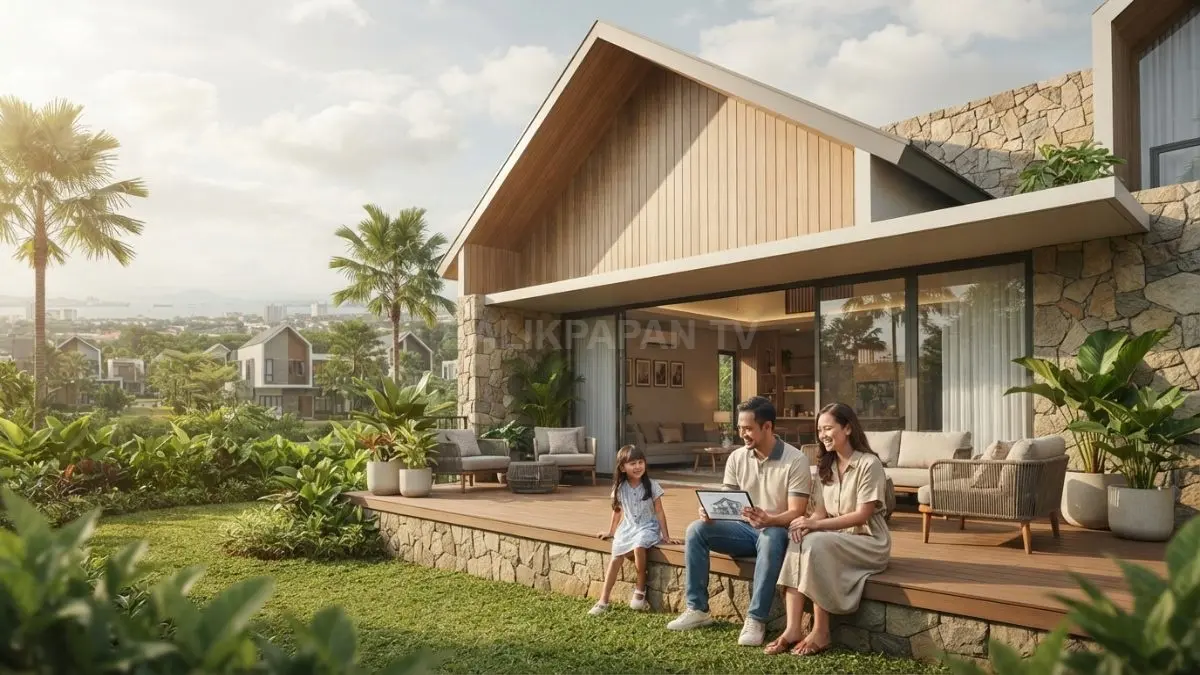 Rumah modern bergaya Polandia memadukan atap tegas, kayu, batu, dan kaca untuk tampilan hangat kontemporer. (BTV/AI)