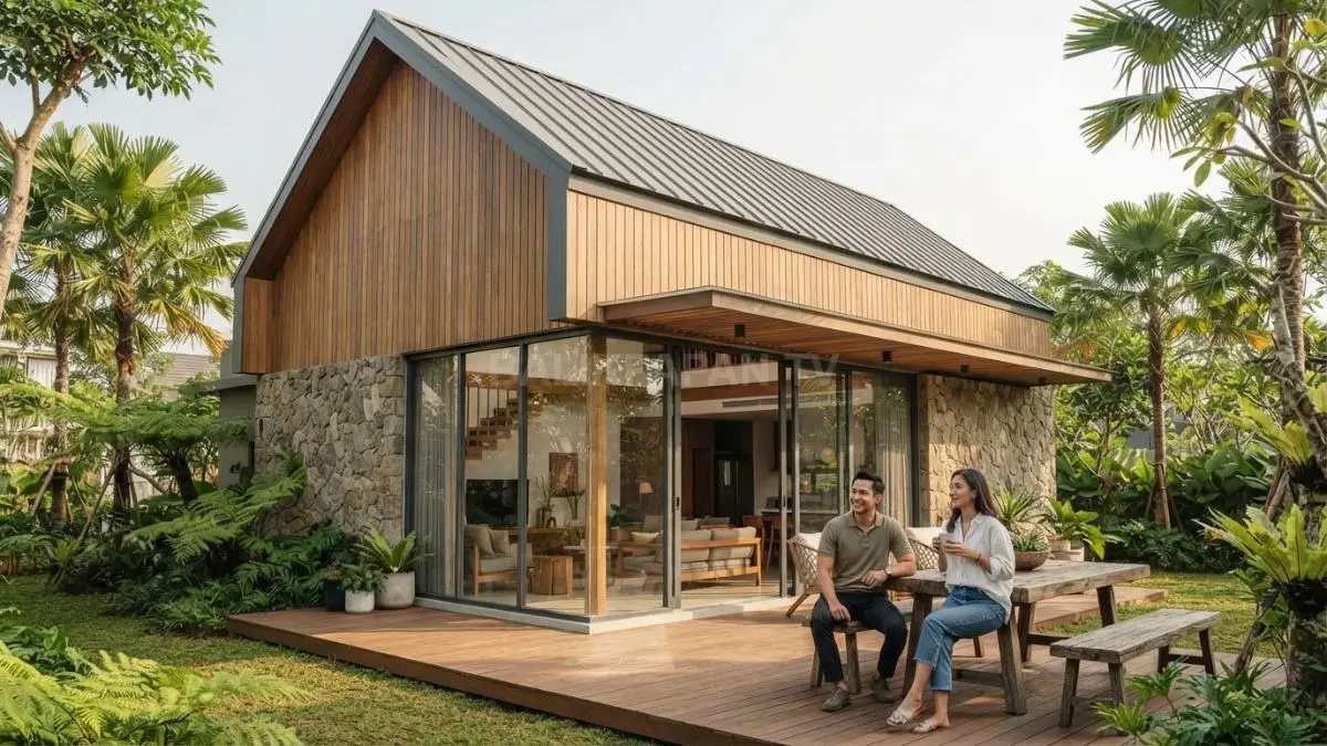 Rumah modern bergaya Rusia memadukan kayu natural, batu, kaca besar, dan lanskap hijau untuk hunian hangat modern (BTV/AI)