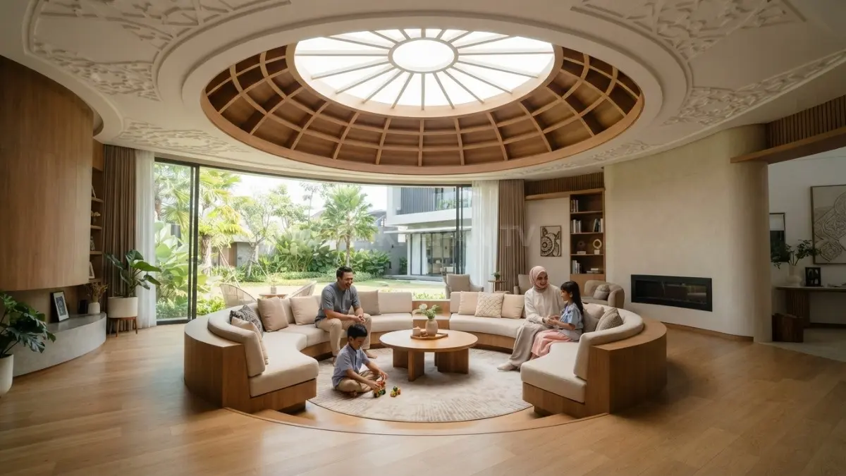 Rumah modern Kazakhstan terinspirasi bentuk yurt dengan skylight bundar dan ornamen radial tradisional yang elegan (BTV/AI)