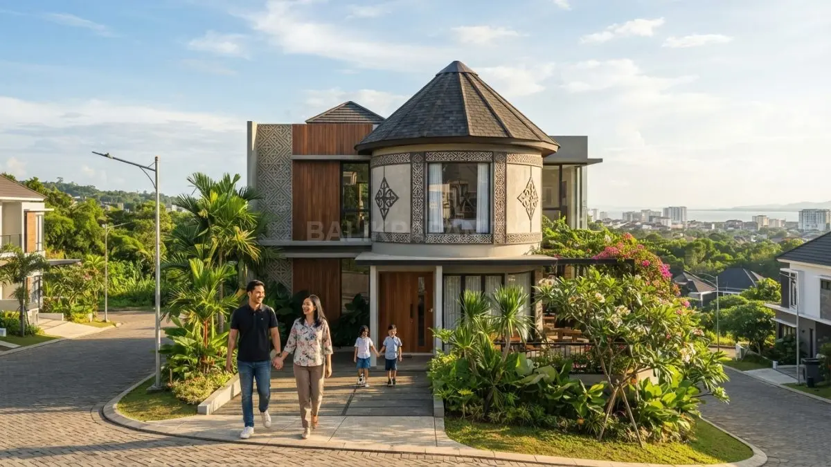 Rumah modern terinspirasi bentuk yurt Kazakhstan dengan struktur melengkung, material natural, dan nuansa tradisional yang kuat (BTV/AI)