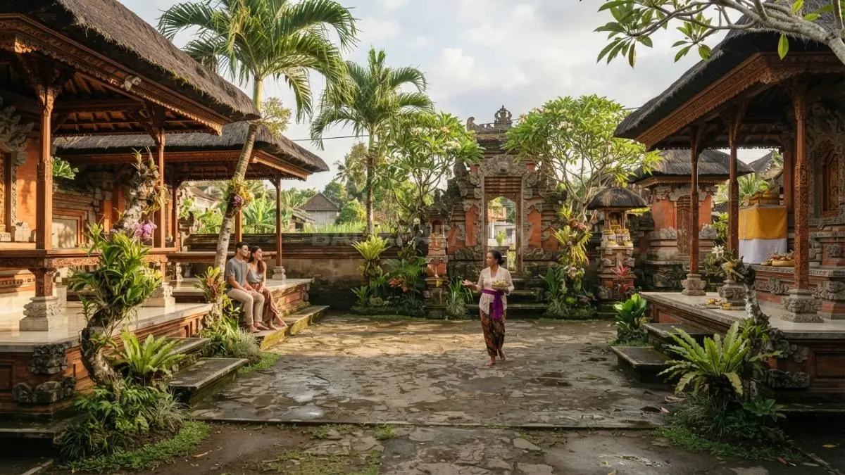 Rumah tradisional Bali memiliki beberapa bale yang mengelilingi natah sebagai pusat aktivitas keluarga dan pekarangan. (BTV/AI)