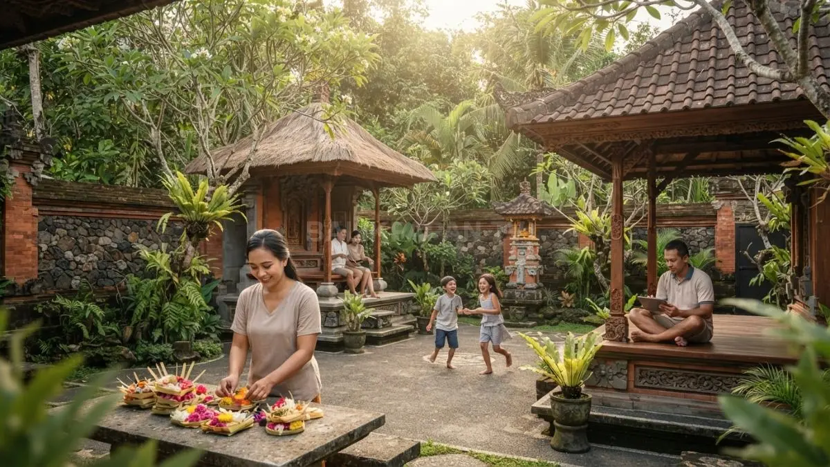Rumah tradisional Bali terdiri dari beberapa bangunan yang mengelilingi natah sebagai pusat aktivitas dan kesatuan hunian keluarga (BTV/AI).