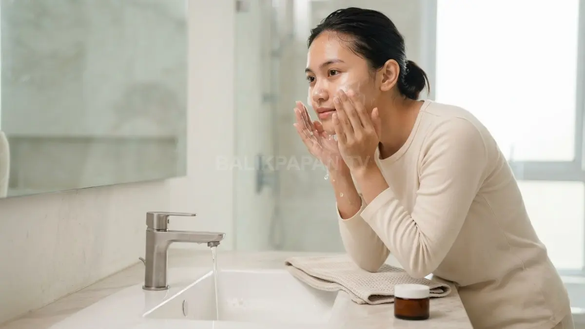 Rutinitas membersihkan wajah secara lembut untuk merawat kesehatan kulit wajah setelah pembilasan. (BTV/Ai)