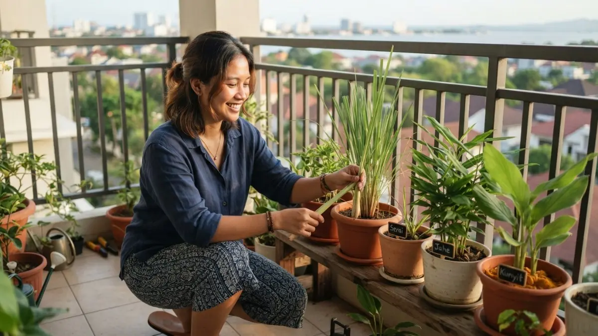 Serai, jahe, dan kunyit bisa ditanam dalam pot sebagai kebun bumbu rumahan yang praktis untuk melengkapi kebutuhan dapur. (BTV/AI)