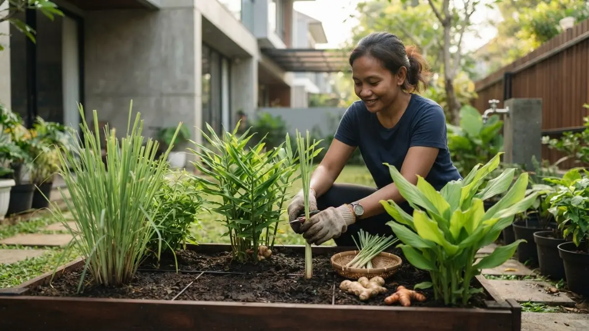 Serai, jahe, dan kunyit bisa menjadi kebun bumbu sederhana yang fungsional karena hasilnya langsung dimanfaatkan untuk kebutuhan dapur. (BTV/AI)