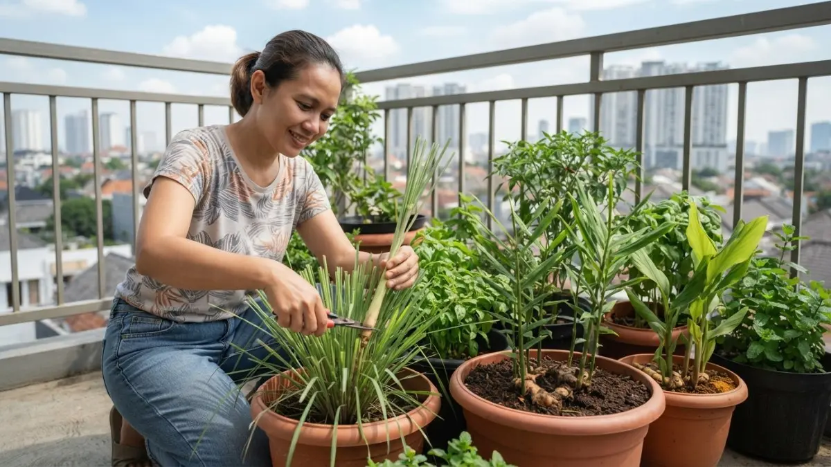 Serai, jahe, dan kunyit dapat ditanam dalam pot sebagai kebun bumbu praktis, dengan bagian tanaman yang bisa dimanfaatkan untuk kebutuhan dapur. (BTV/AI)